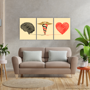 Conjunto Quadro Canvas - Brain and Heart Tecido Canvas Impresso 91,5x40,5   Estrutura em Madeira 