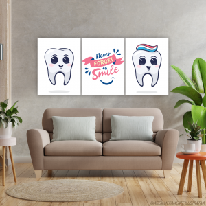 Conjunto Quadro Canvas - Dentes Sorrindo Tecido Canvas Impresso 91,5x40,5   Estrutura em Madeira 