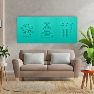 Conjunto Quadro Canvas - Dentista Tecido Canvas Impresso 91,5x40,5   Estrutura em Madeira 