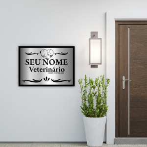 Placa Externa - Escritório Veterinário ACM 3mm + Acrílico 3mm 35x25cm    4 Botões Cromados (parafuso + bucha)