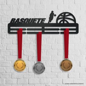 Porta Medalhas Basquete Acrílico preto 6mm 40x13cm    Fita Dupla Face