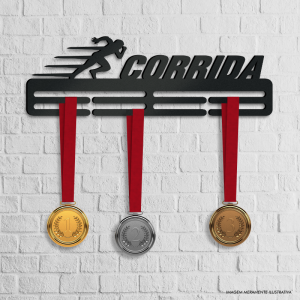 Porta Medalhas Corrida Acrílico preto 6mm 40x13cm    Fita Dupla Face