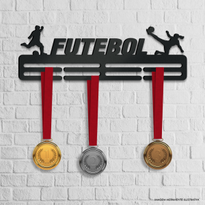 Porta Medalhas Futebol MDF 6mm 40x13cm Preto   Fita Dupla Face