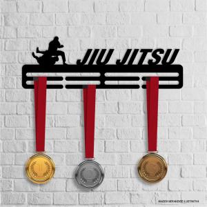 Porta Medalhas Jiu Jitsu MDF 6mm 40x13cm Preto   Fita Dupla Face