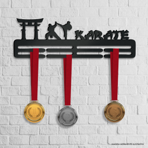 Porta Medalhas Karate MDF preto 6mm 40x13cm    Fita Dupla Face