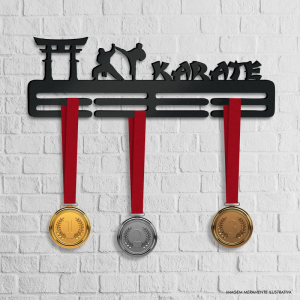 Porta Medalhas Karate MDF 6mm 40x13cm Preto   Fita Dupla Face