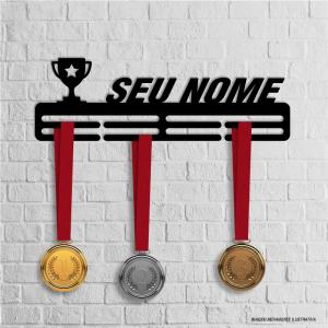 Porta Medalhas Nome MDF preto 6mm 40x13cm    Fita Dupla Face
