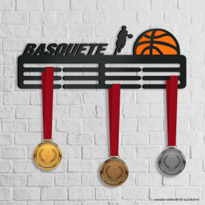 Porta Medalhas Tricampeão Basquete MDF 6mm 40x15cm Preto   Fita Dupla Face