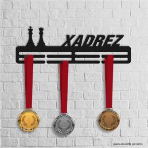 Porta Medalhas Xadrez MDF 6mm 40x13cm Preto   Fita Dupla Face